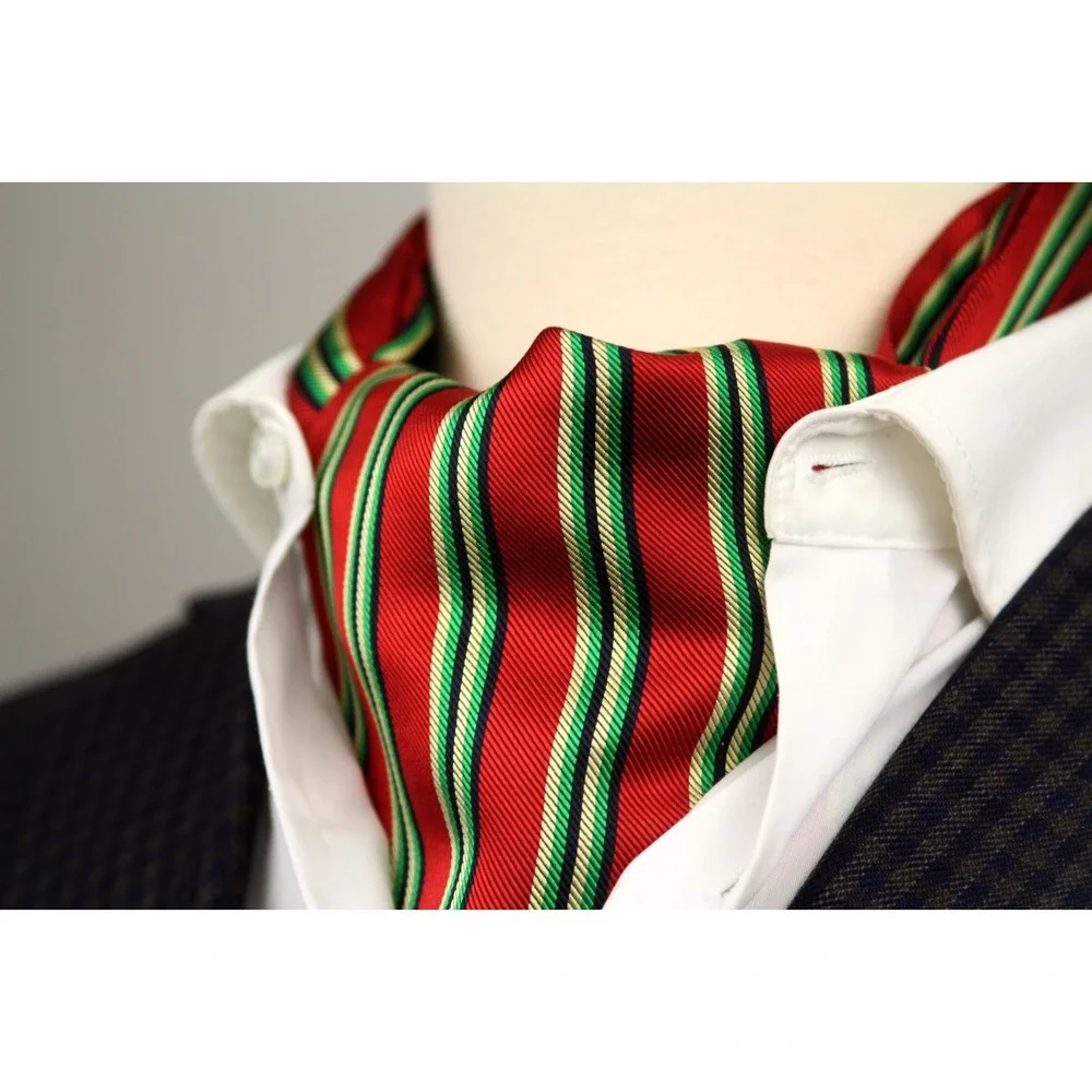 Camellucci Men's 100% Silk‎ Ascot Cravat LUXURY Striped Red Green Block